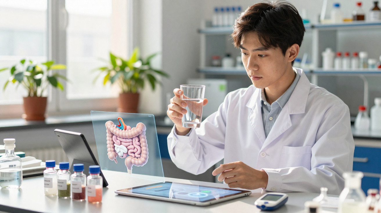 Cientista em laboratório segurando copo d'água com imagem digital do sistema digestivo na frente.