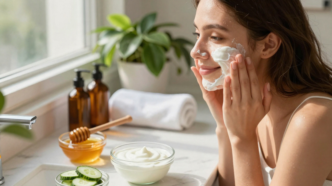 Mulher aplicando creme facial em casa, com potes de mel, pepino e toalha ao fundo.