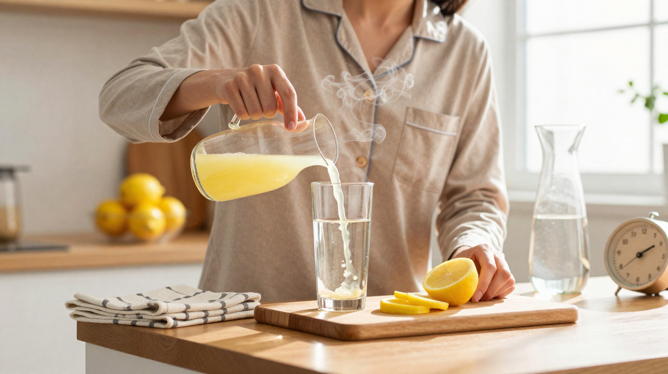 Pessoa vestindo pijama bege vertendo suco de limão em copo na cozinha clara pela manhã.