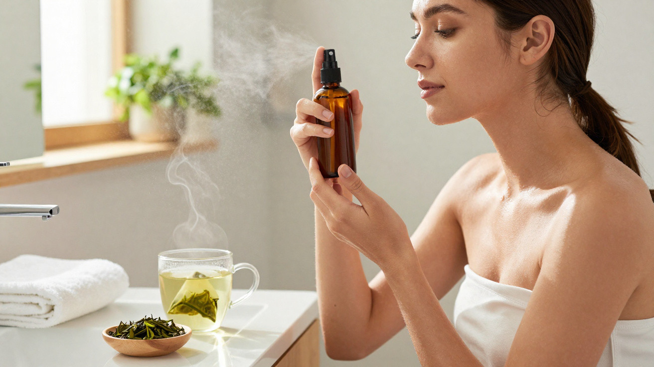 Mulher com toalha nos ombros aplicando spray no rosto em banheiro iluminado, com xícara de chá quente à frente.