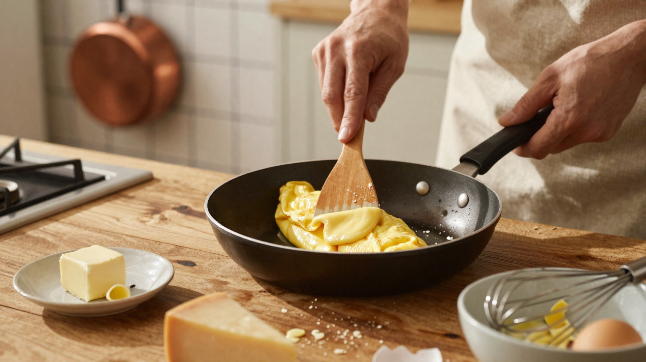 Pessoa cozinhando omelete em frigideira com espátula, ao lado de manteiga e queijo na bancada de madeira.