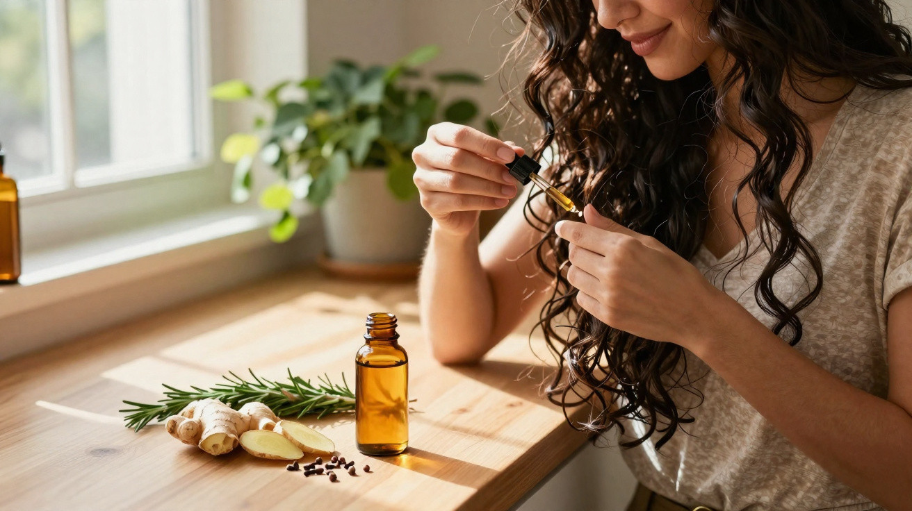 Mulher segurando conta-gotas com óleo essencial, mesa com gengibre, alecrim e cravos.