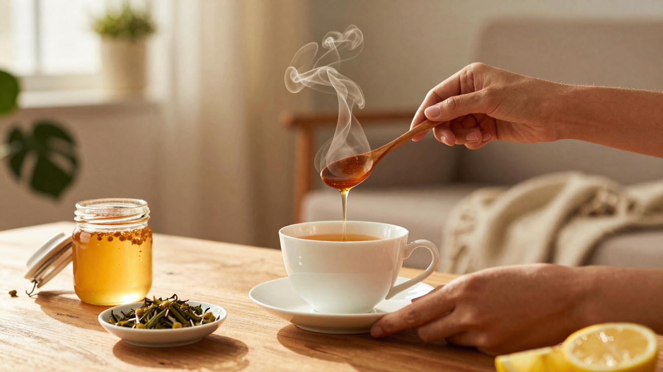 Mãos colocando mel quente em xícara de chá fumegante sobre mesa de madeira com jarra e limão.