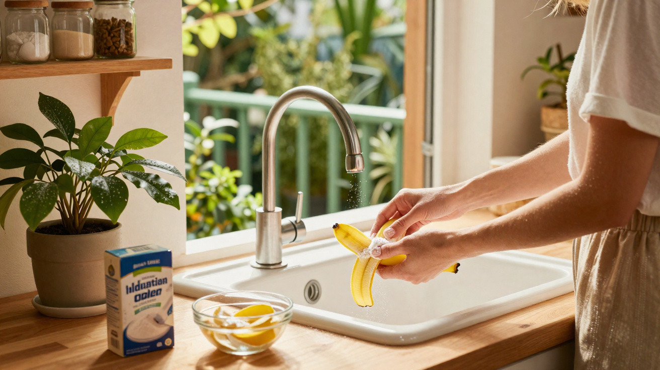 Pessoa lavando banana na pia da cozinha com luz natural e plantas ao fundo.