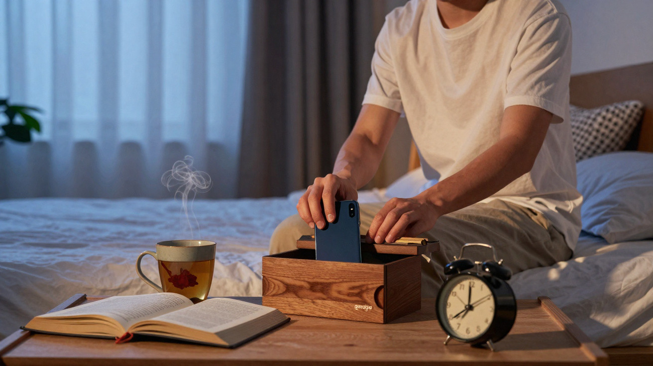 Pessoa sentada na cama guardando celular em caixa de madeira, com livro aberto, xícara de chá e relógio na mesa.