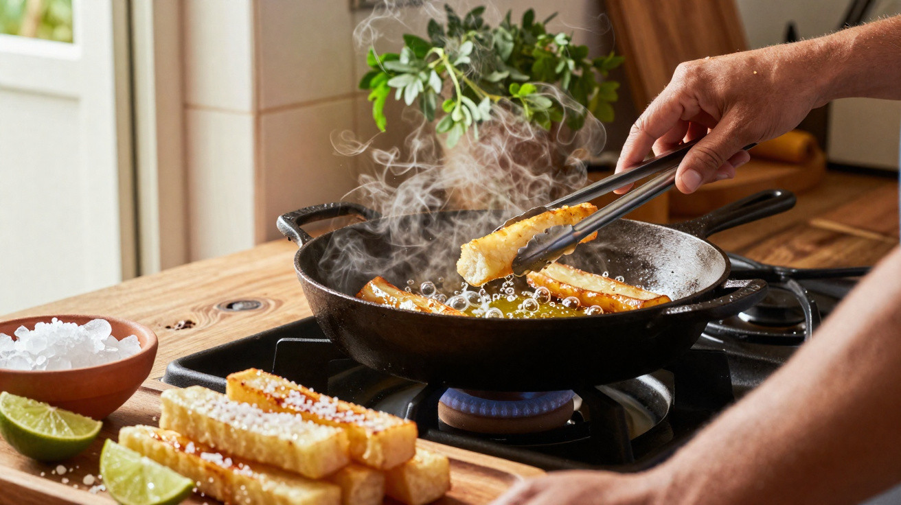Mãos fritando palitos dourados em frigideira com óleo, limão e sal ao lado, em cozinha iluminada.