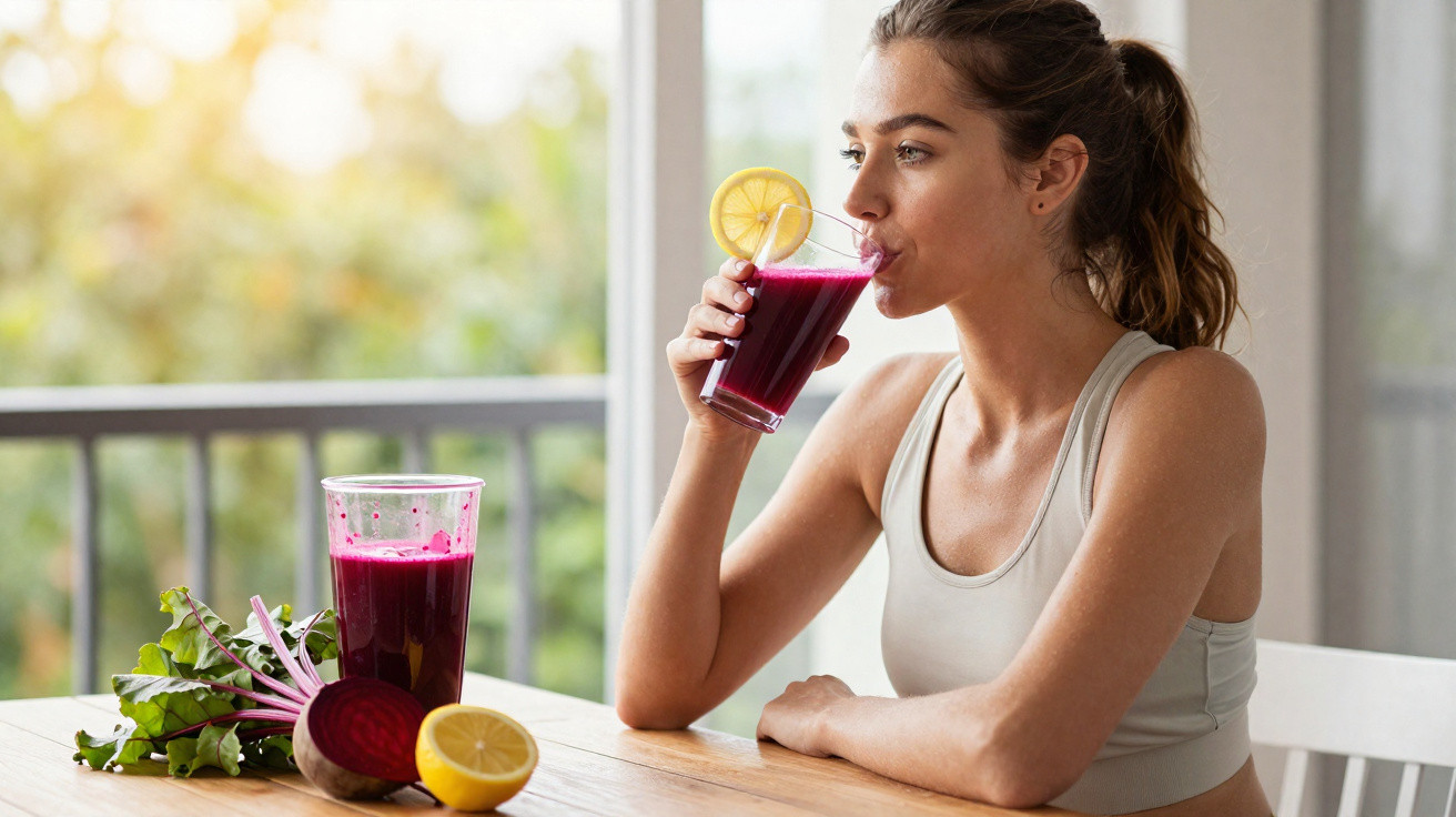 Mulher bebendo suco de beterraba com limão em copo, sentada em mesa com beterraba e limão cortado.