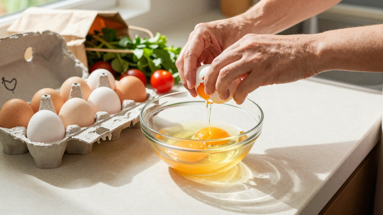 Mãos quebrando ovos em uma tigela de vidro sobre a bancada da cozinha com caixa de ovos e legumes ao fundo.