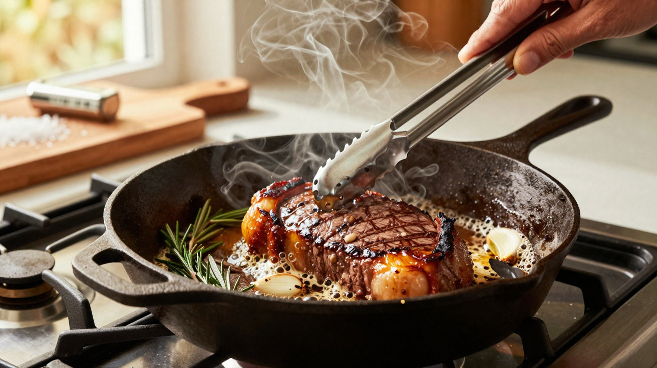 Bife suculento sendo selado em frigideira de ferro com alho e alecrim na chama do fogão.