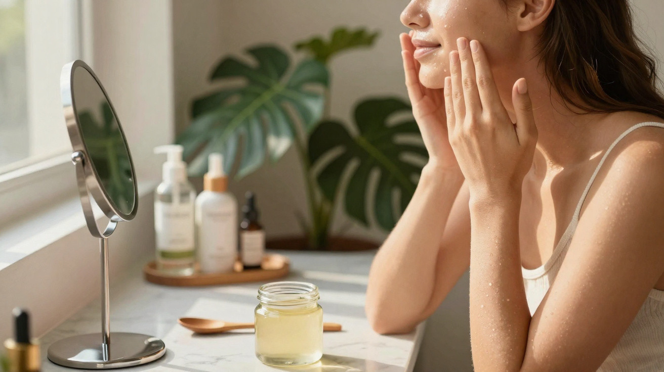 Mulher aplicando creme no rosto sentada à mesa com espelho e produtos de cuidados com a pele.