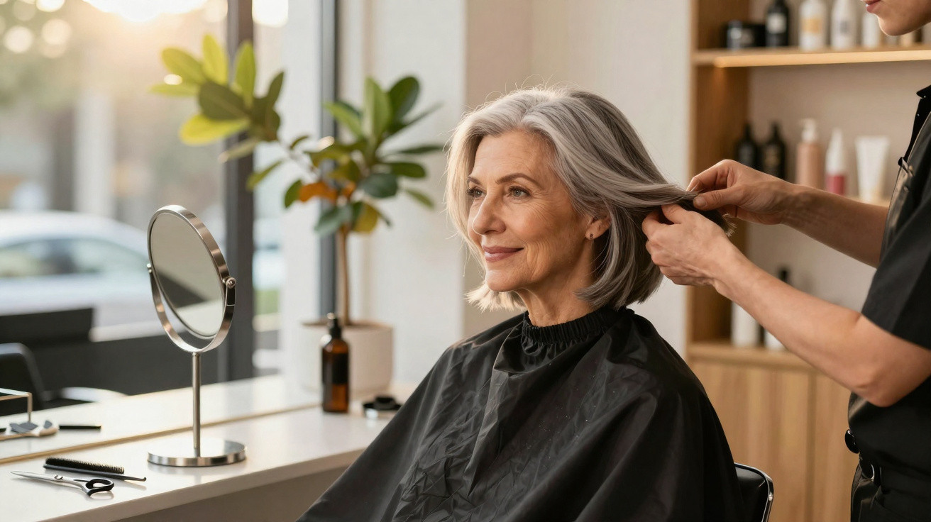 Mulher madura sorridente recebe corte de cabelo em salão moderno com decoração clara e plantas.