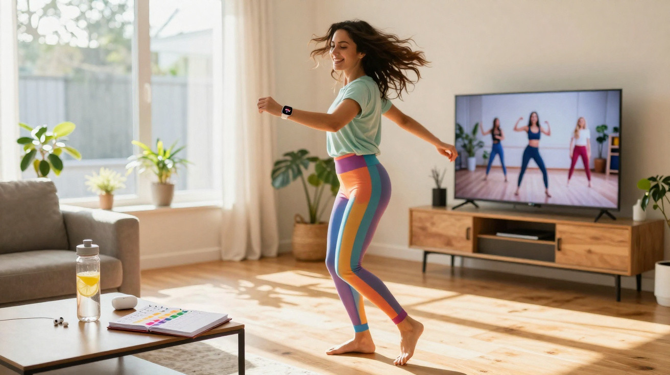 Mulher sorrindo faz exercício de dança em sala iluminada seguindo treino exibido na TV.