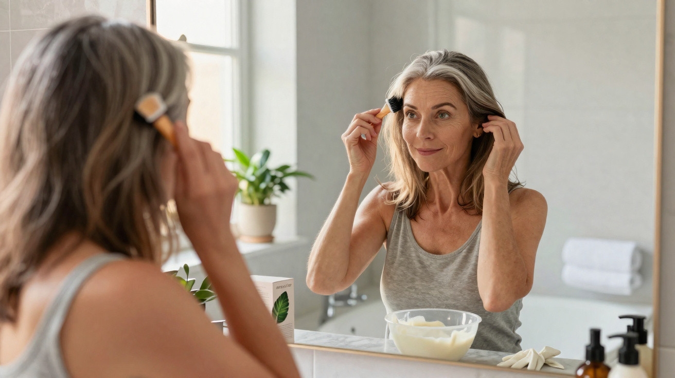 Mulher madura aplicando máscara facial enquanto se olha no espelho do banheiro.