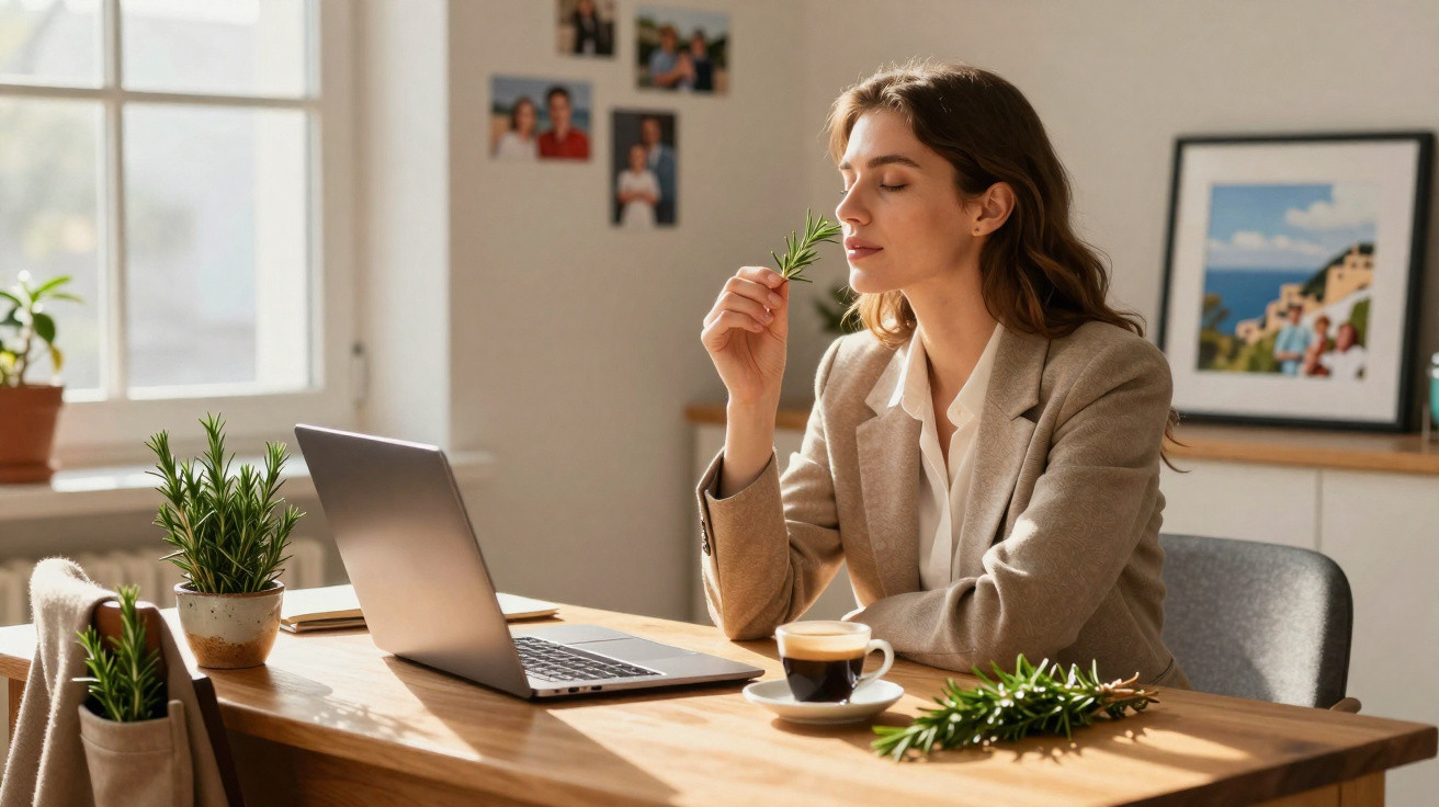 Mulher em escritório casa cheirando ramo de alecrim, com laptop, xícara de café e planta na mesa de madeira.