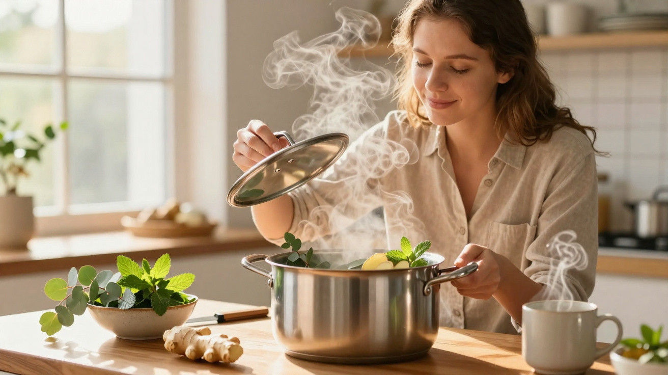 Mulher abrindo a tampa de uma panela com vapor saindo em uma cozinha iluminada e aconchegante.