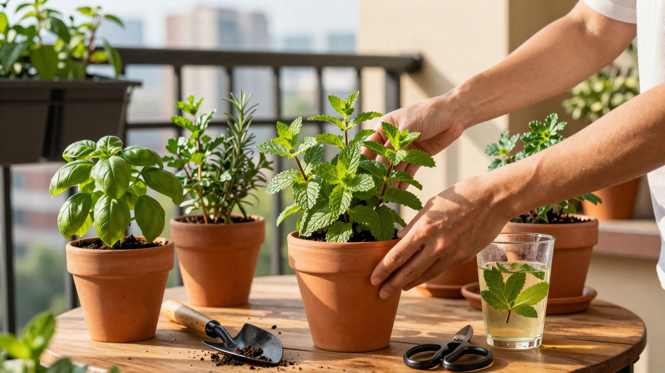 Pessoa cuidando de plantas em vasos de barro em uma mesa de madeira, com ferramentas de jardinagem ao redor.