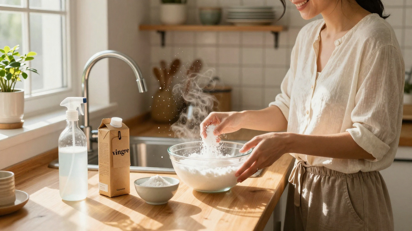 Mulher preparando mistura caseira com bicarbonato de sódio e vinagre na cozinha iluminada.