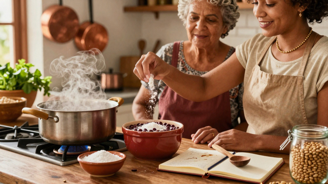 Mulher adulta e idosa cozinham juntas, adicionando tempero em panela vermelha enquanto consultam receita na cozinha.
