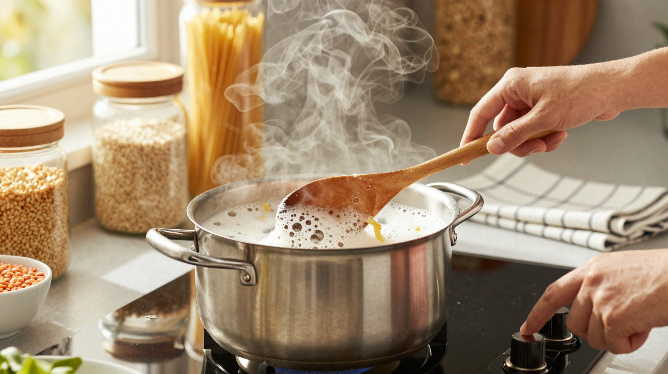 Pessoa mexendo uma panela de sopa fervendo no fogão, com vapor saindo e potes de grãos ao fundo.