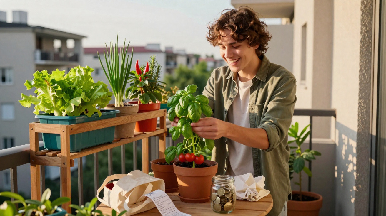 Jovem cuidando de plantas em vasos na varanda de apartamento em um dia ensolarado.