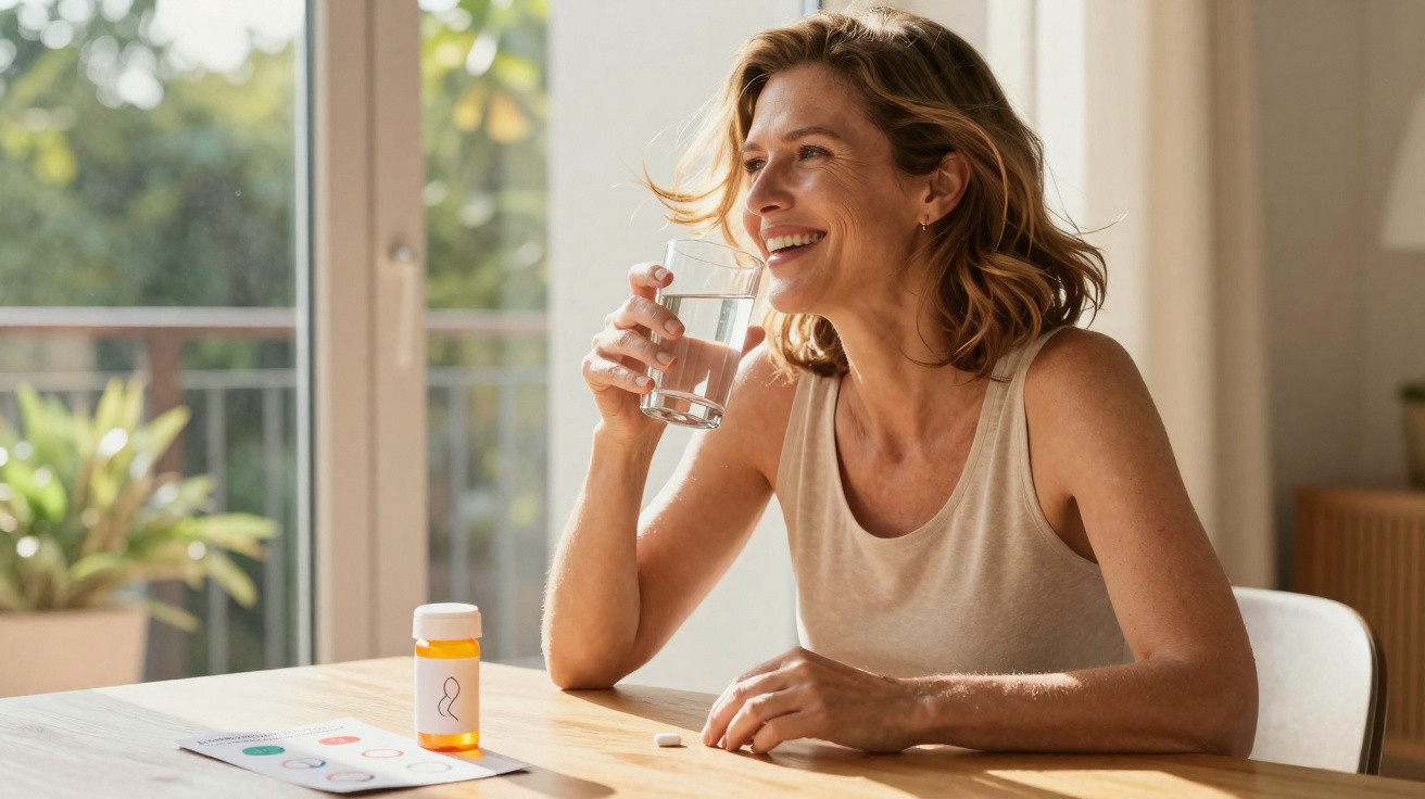 Mulher sorridente tomando um copo de água à mesa, com um remédio e bula sobre a mesa ao lado.