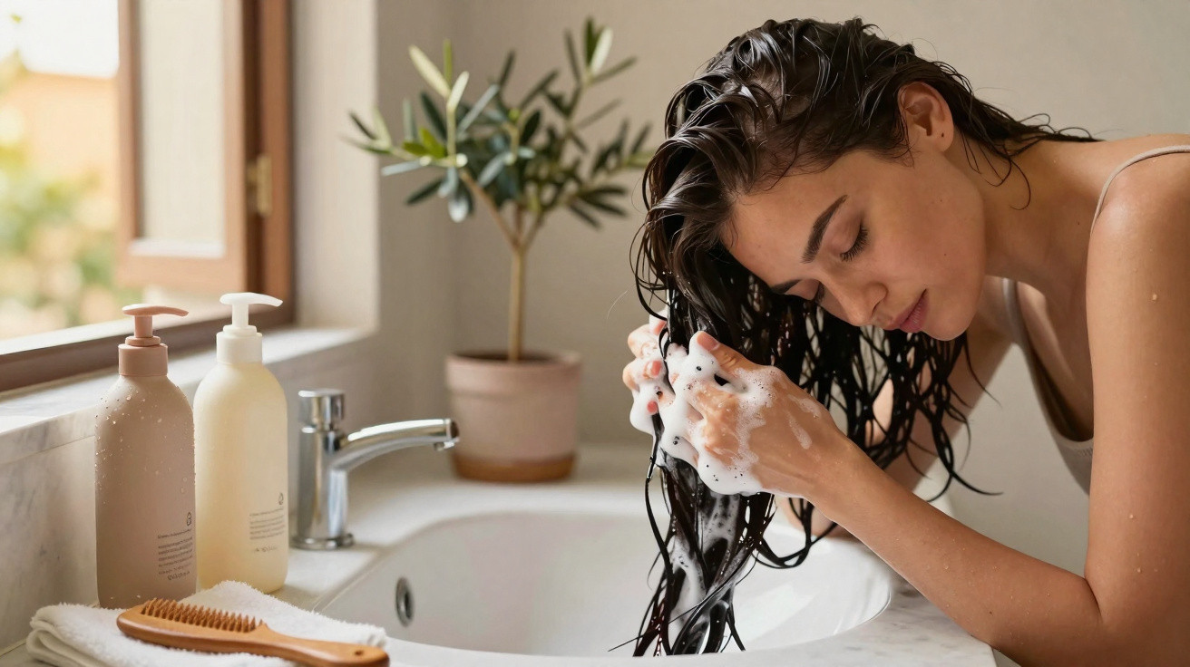 Mulher lavando o cabelo com espuma na pia de banheiro iluminado por janela.
