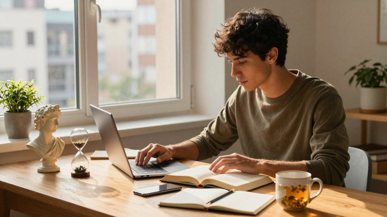 Jovem estudando com laptop, livros e xícara de chá em mesa perto da janela iluminada.