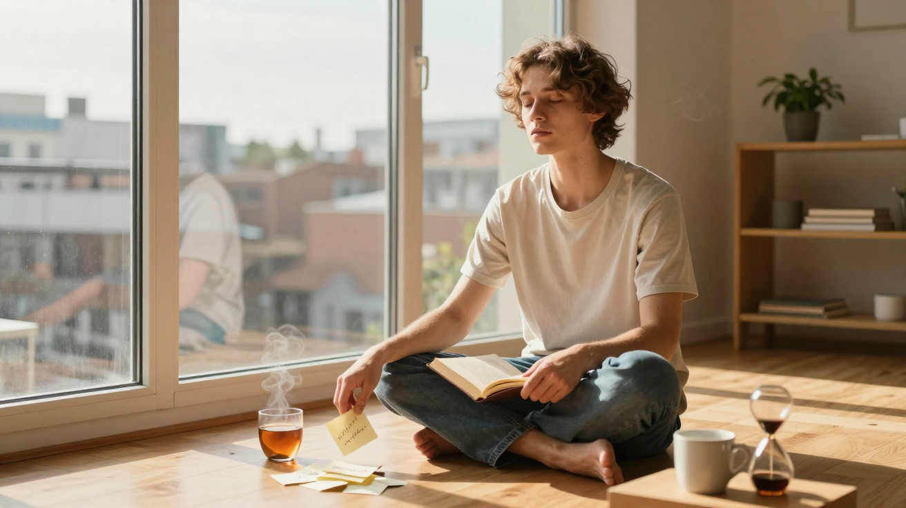 Jovem sentado no chão de madeira perto da janela, lendo livro e segurando anotação, com chá e ampulheta ao lado.