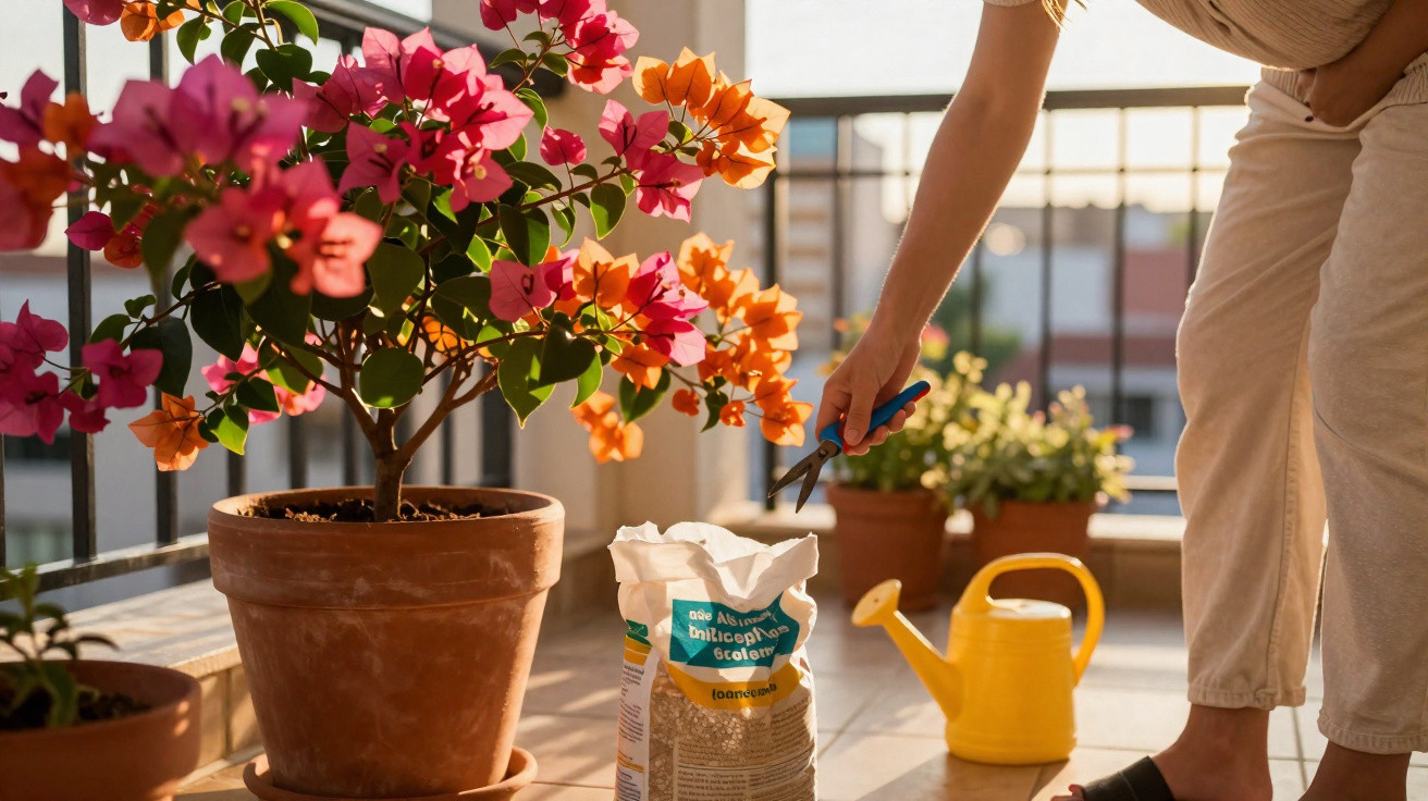Pessoa podando planta com flores rosa e laranja em vaso de barro na varanda ensolarada.
