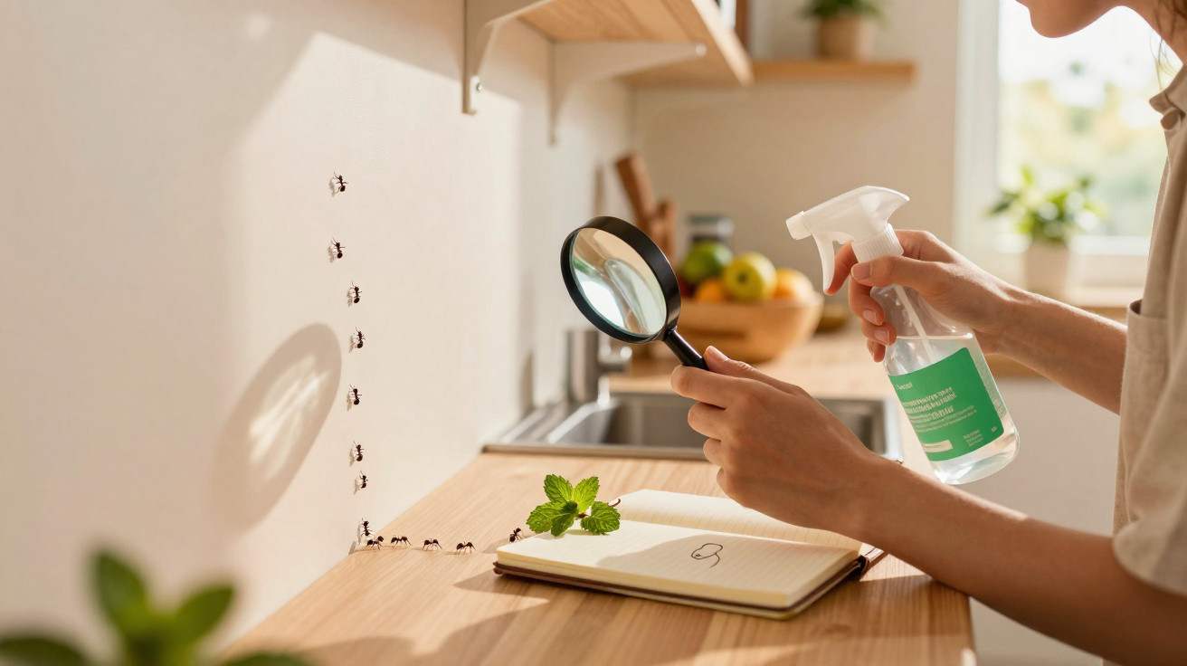 Pessoa segurando lupa e spray próximo a formigas subindo pela parede em cozinha iluminada.