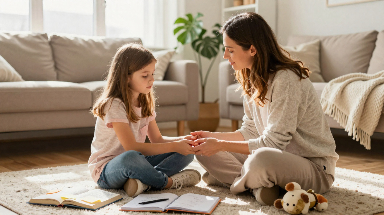 Mãe e filha sentadas no tapete da sala, mãe segurando as mãos da filha, livros e um brinquedo ao redor.