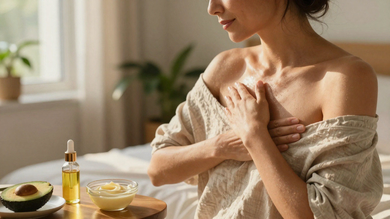 Mulher aplicando óleo corporal nas costas, com abacate e produtos de skincare ao lado em ambiente iluminado.