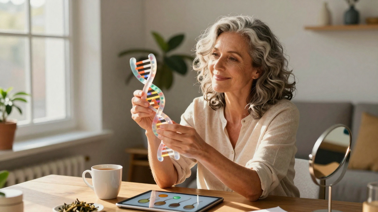 Mulher sorridente segurando modelo de DNA em sala iluminada, com tablet, xícara e espelho sobre a mesa.