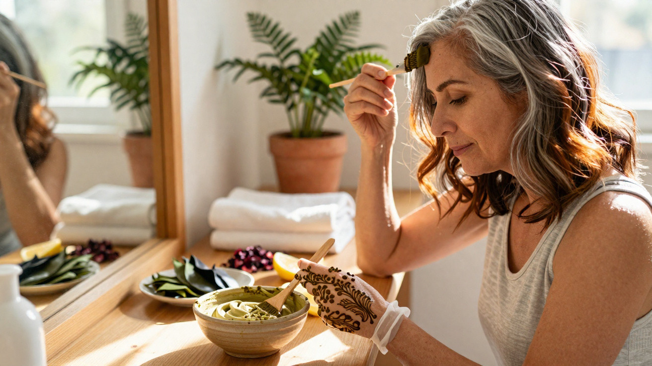 Mulher aplicando henna nas sobrancelhas sentada à mesa com espelho e plantas ao fundo.