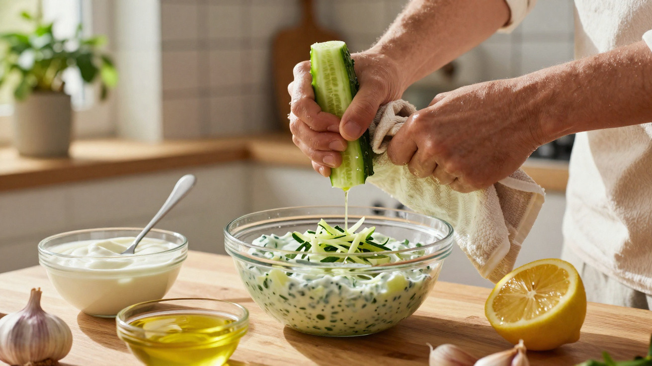 Pessoa espremendo pepino em tigela com iogurte e temperos para molho na cozinha.