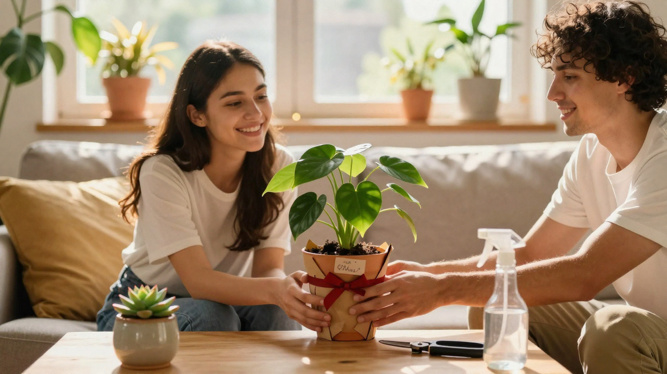 Jovem homem entrega planta em vaso para mulher sorridente sentados em sala com sofá e plantas ao fundo.