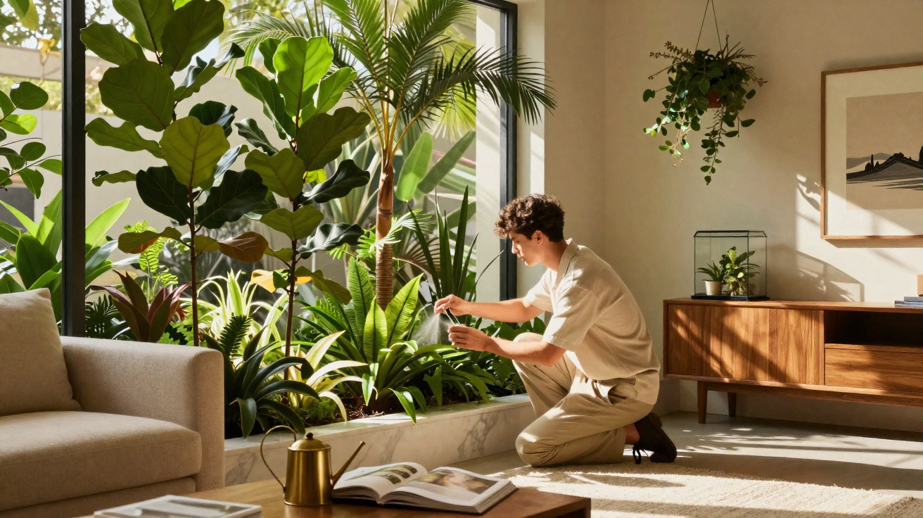 Jovem regando plantas em jardim interno iluminado por luz natural em sala de estar moderna e aconchegante.