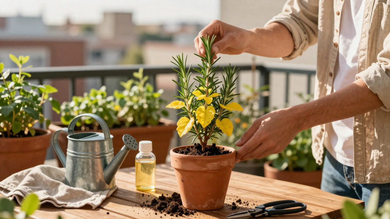 Pessoa cuidando de planta em vaso de barro sobre mesa de madeira em varanda com utensílios de jardinagem.