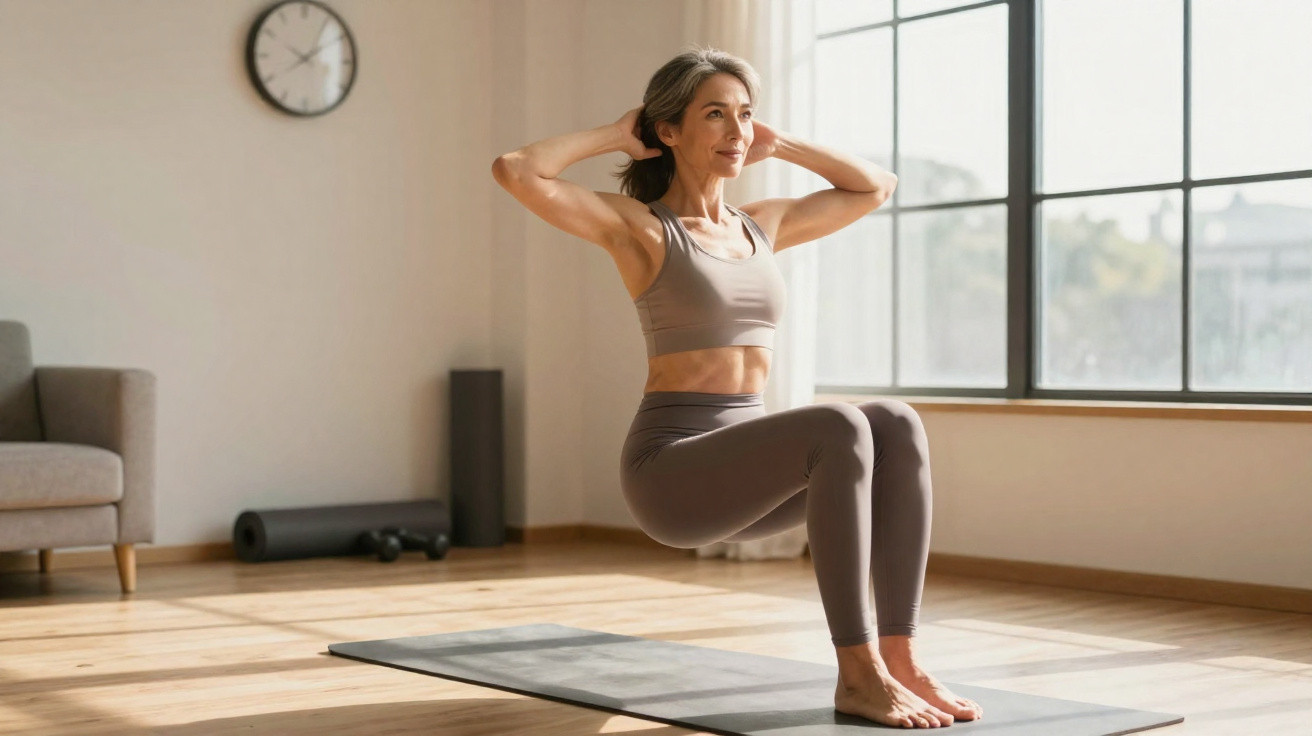 Mulher fazendo exercício de agachamento com as mãos atrás da cabeça em tapete de yoga na sala.
