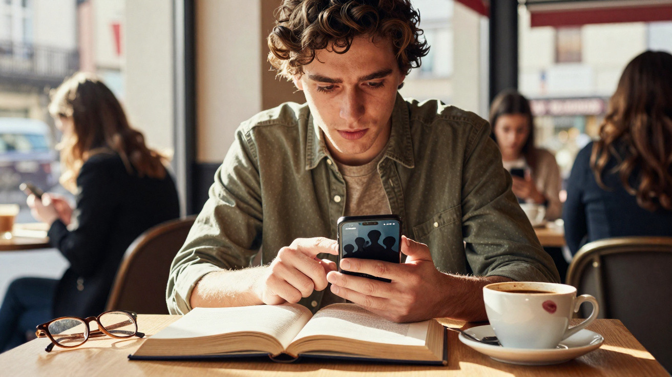 Homem jovem sentado em cafeteria lendo livro e usando celular, com xícara de café na mesa.