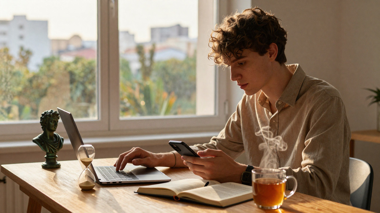Jovem sentado à mesa com notebook, olhando para o celular, livro aberto e xícara de chá fumegante.