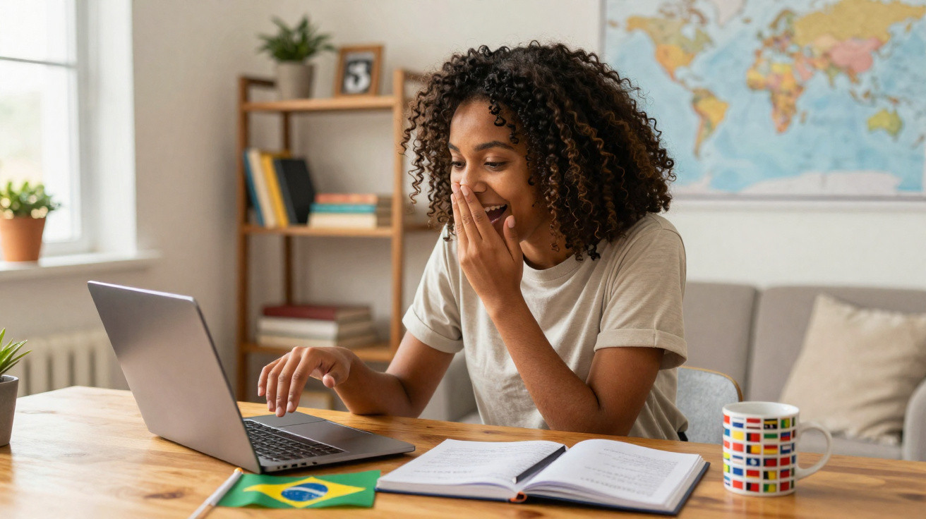 Jovem negra sorrindo surpresa ao usar laptop, com livro aberto, caneca e bandeira do Brasil na mesa.