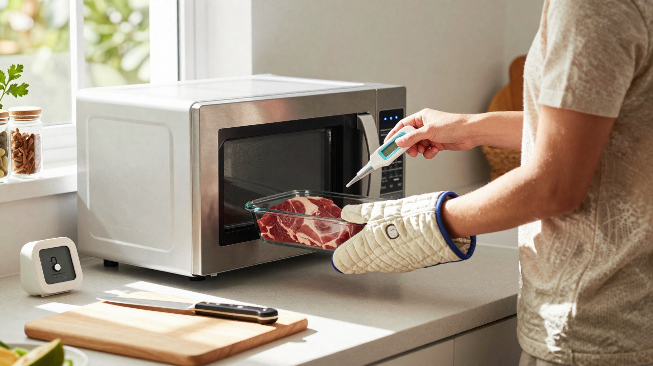 Pessoa usando termômetro para medir temperatura de carne crua em recipiente de vidro na cozinha.