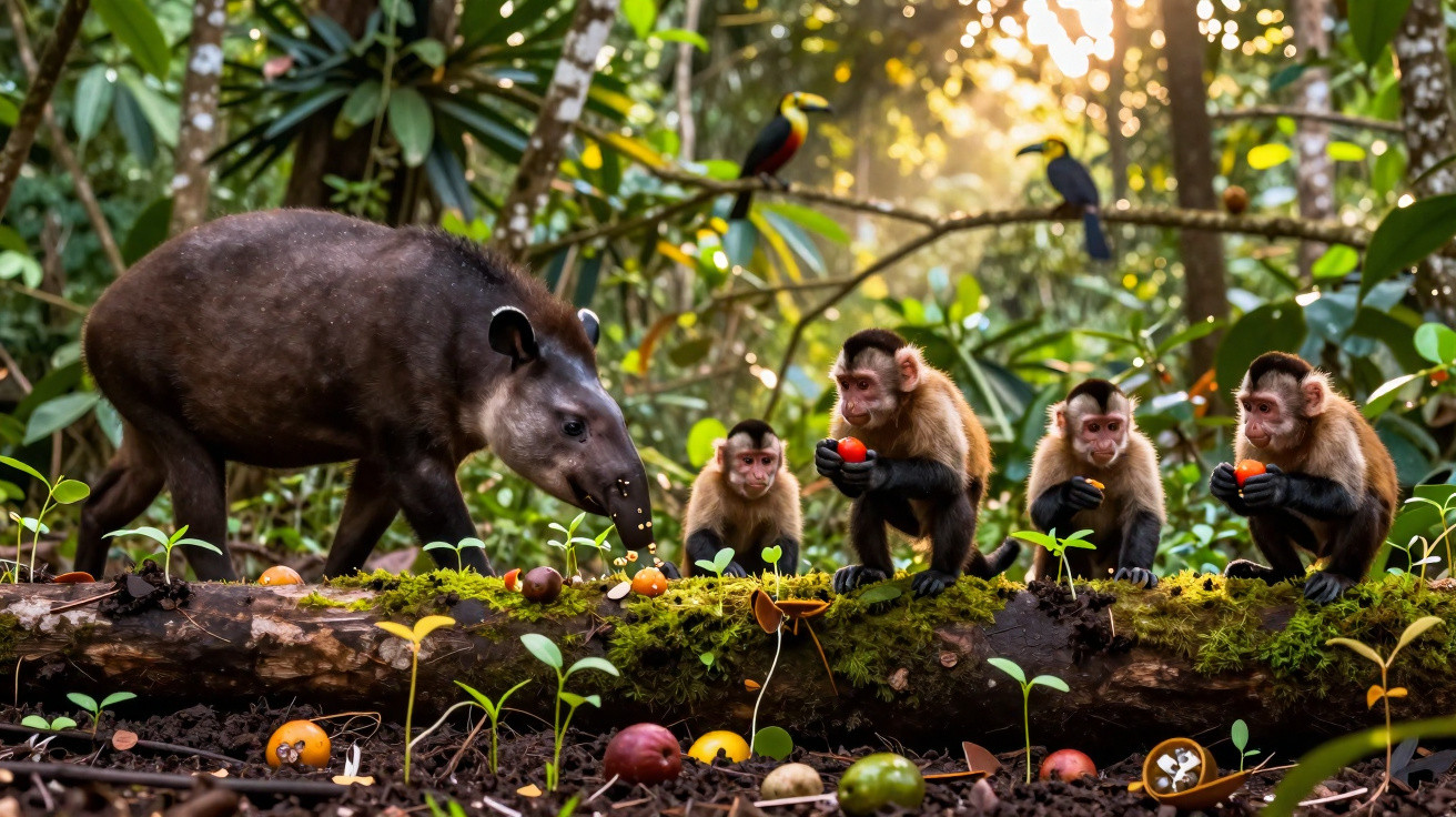 Caititu e quatro macacos-prego com frutos em tronco coberto de musgo na floresta.