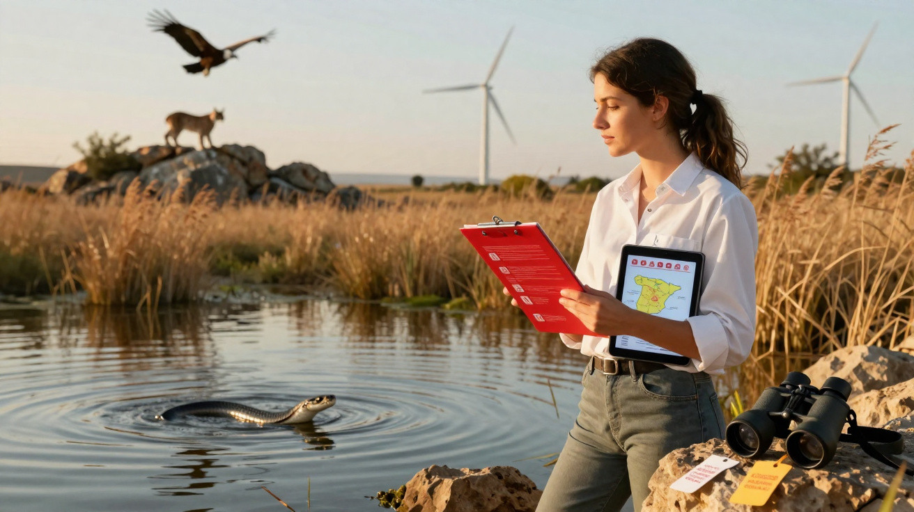 Mulher cientista observa cobra em lago enquanto anota dados em campo com tablet e binóculos ao lado.