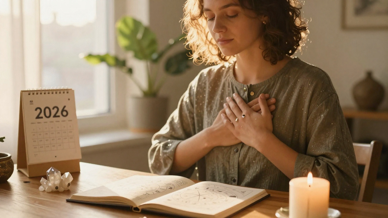 Mulher meditando com mãos no peito, ao lado de vela acesa e livro aberto em mesa com calendário 2026.