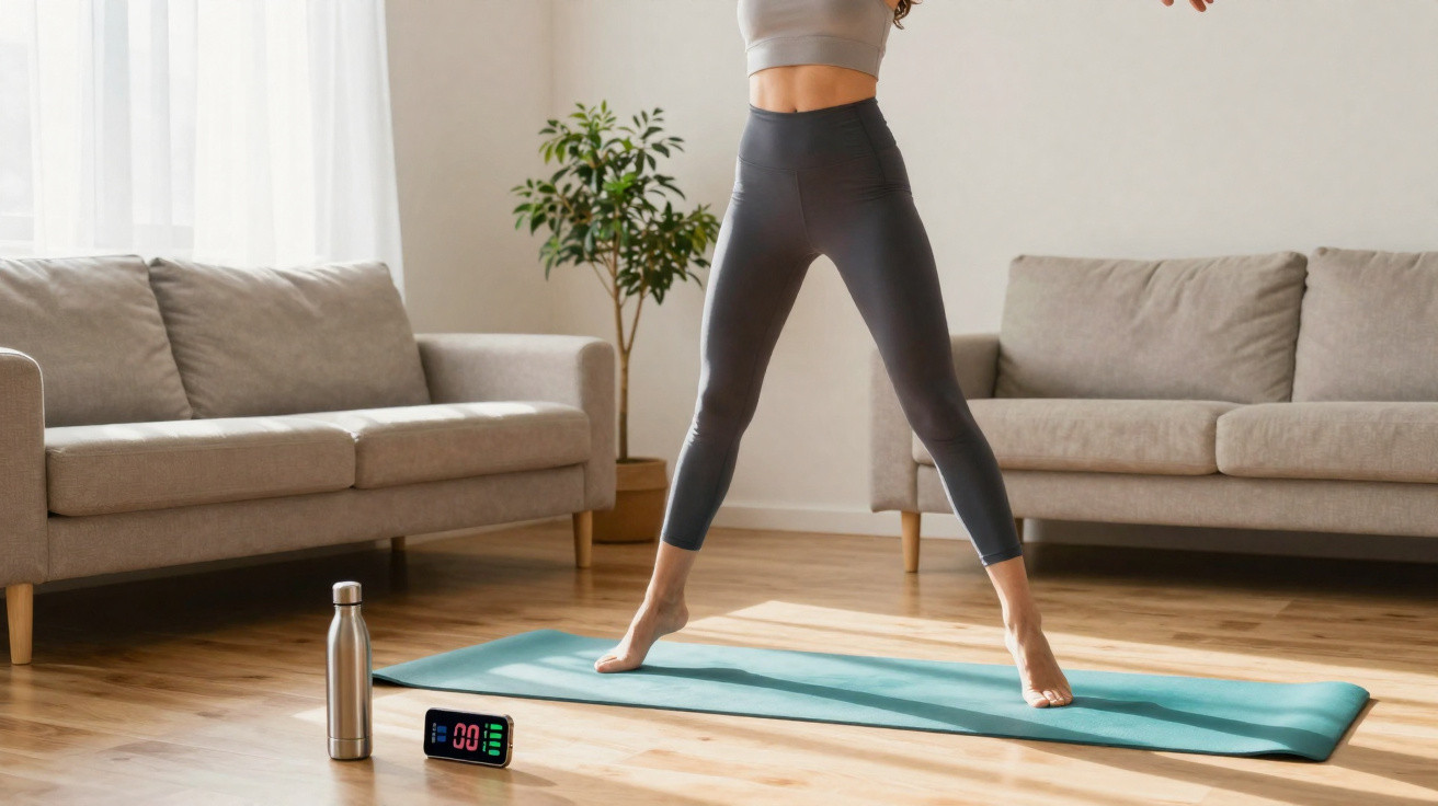 Mulher fazendo exercício em tapete de yoga na sala com sofá, planta, garrafa e cronômetro digital.