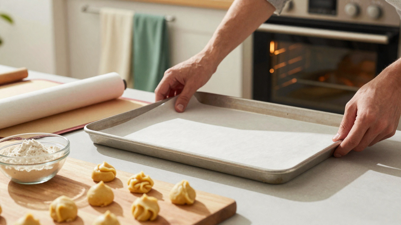 Pessoa colocando forma forrada com papel manteiga para assar bolinhos em forno doméstico.