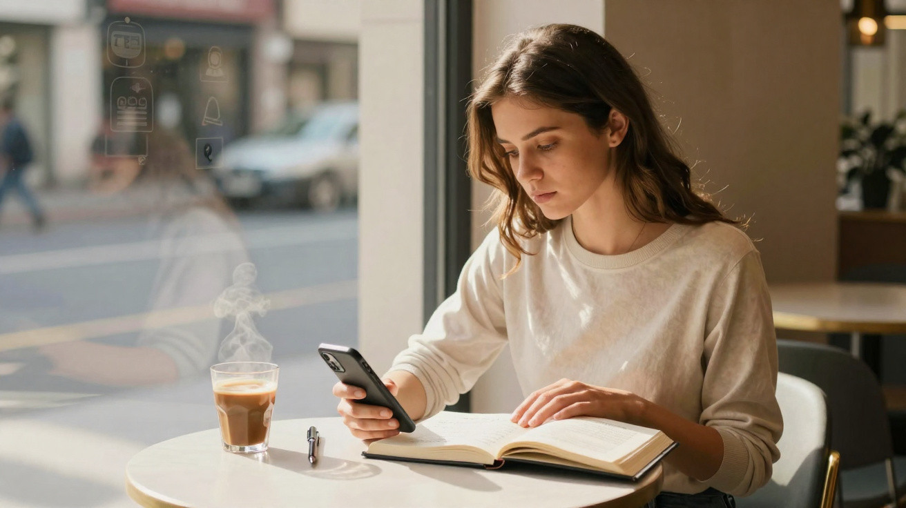 Mulher lendo livro e usando celular sentada em mesa de café com copo de café fumegante ao lado.