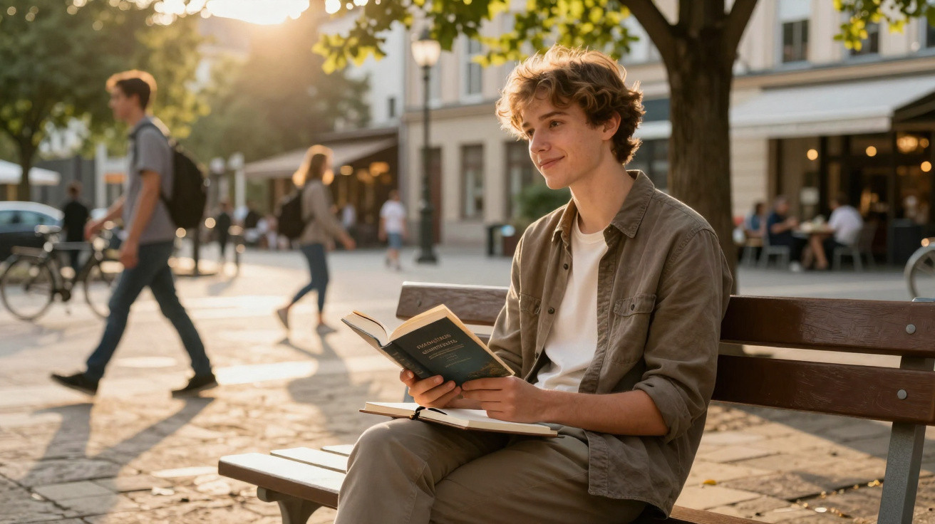 Jovem sentado em banco de praça lendo livro ao pôr do sol com pessoas caminhando ao fundo.